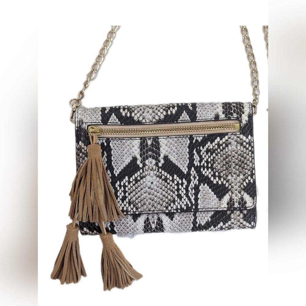 Elaine Turner Snake Embossed Leather Crossbody Bag  w/Leather Fringe Tassles